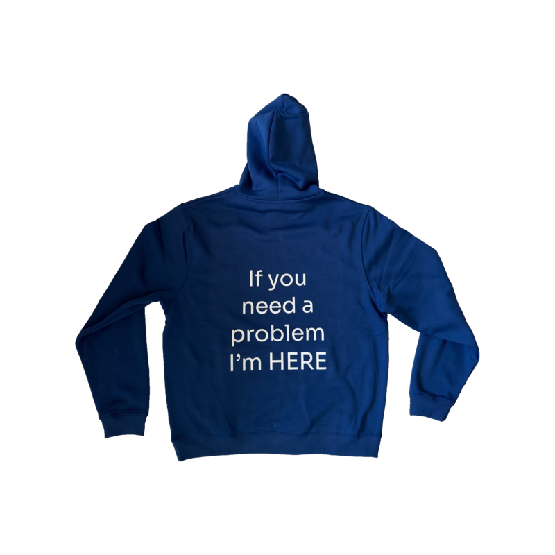 Blauwe hoodie met rugprint, achterzijde