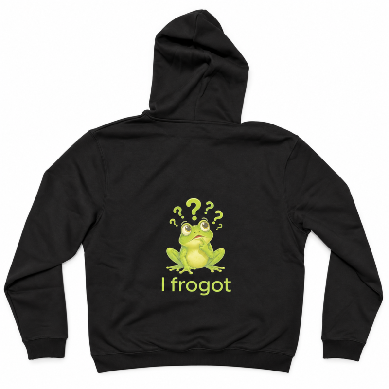 Achterkant van zwarte hoodie met groene kikker, vraagtekens en de tekst ‘I frogot’.