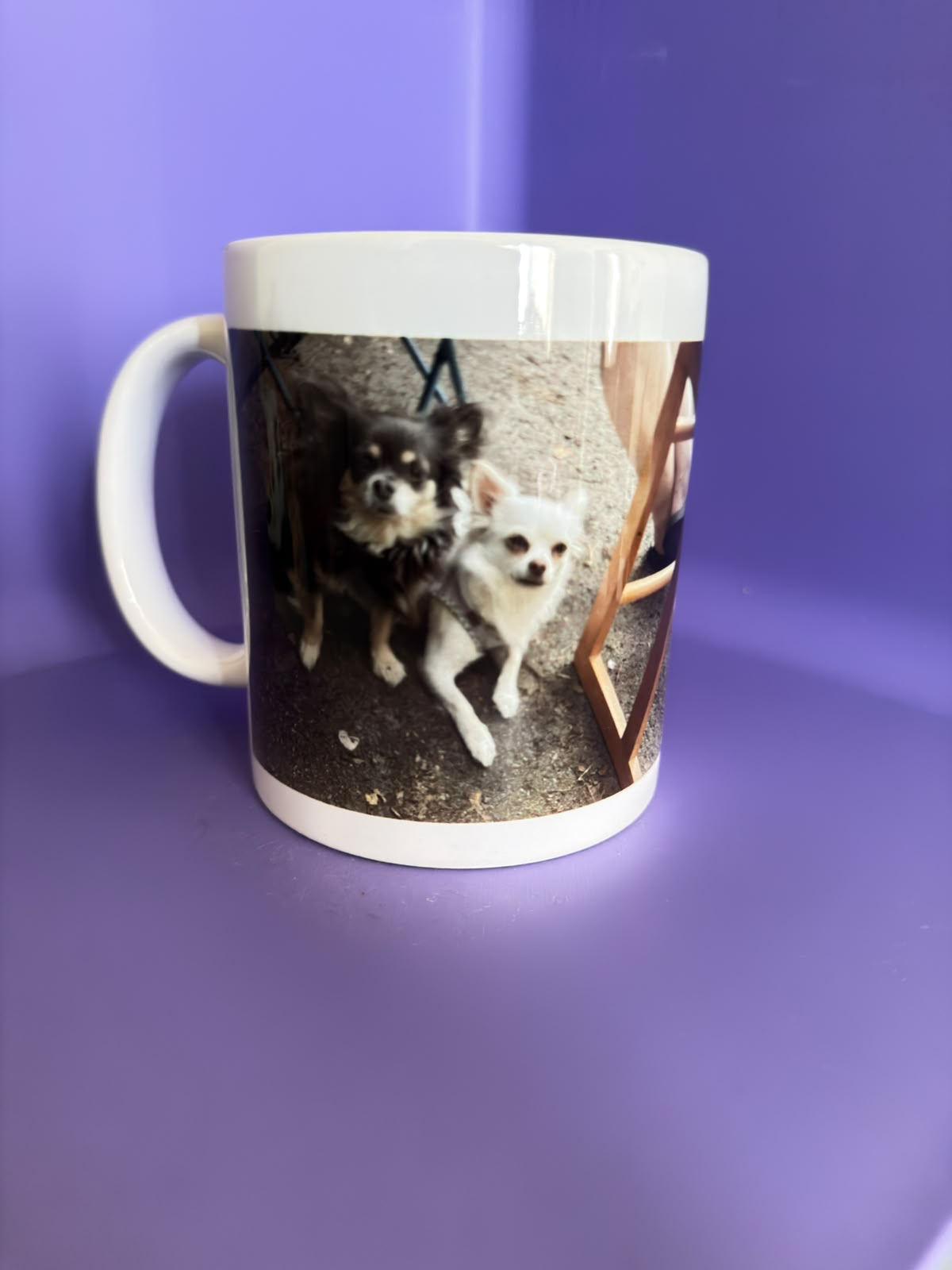 Witte mok met een foto van twee honden.